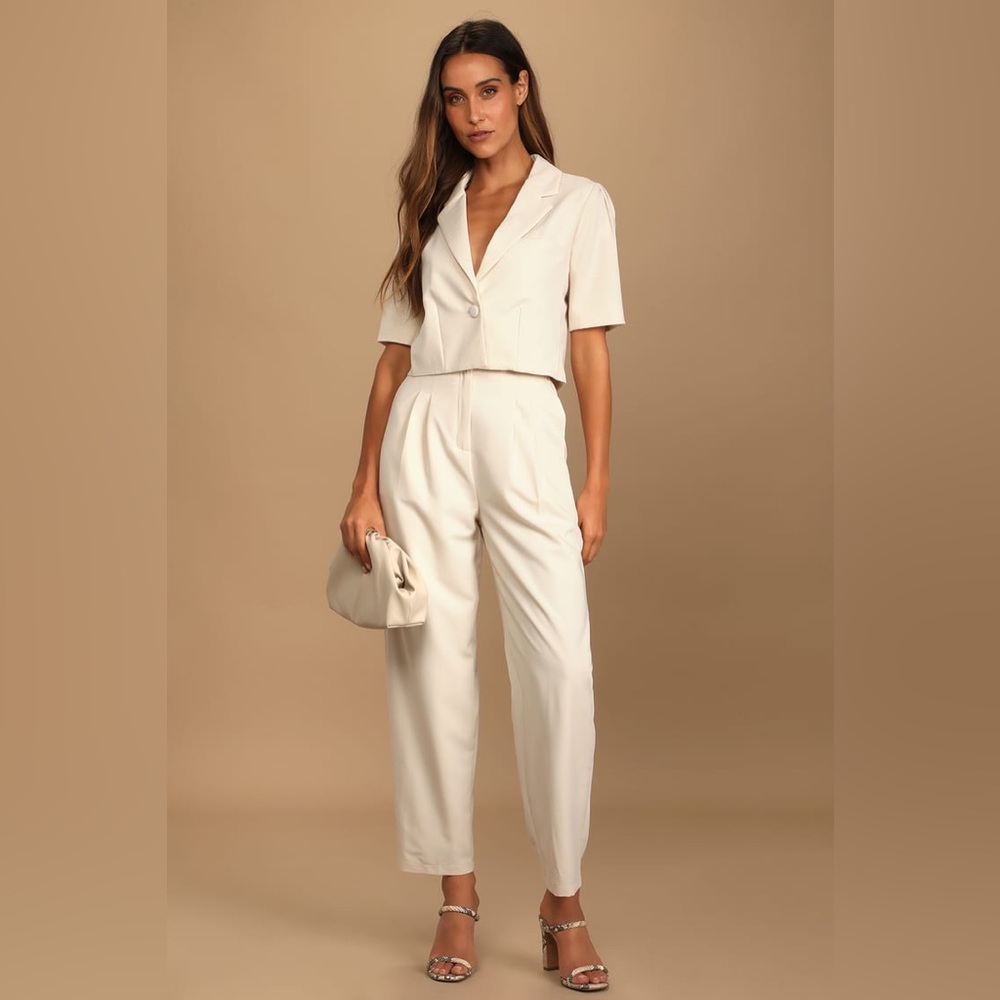 Lulu’s Ivory Pleated High-Waisted Trouser Pants and Short Sleeve Blazer